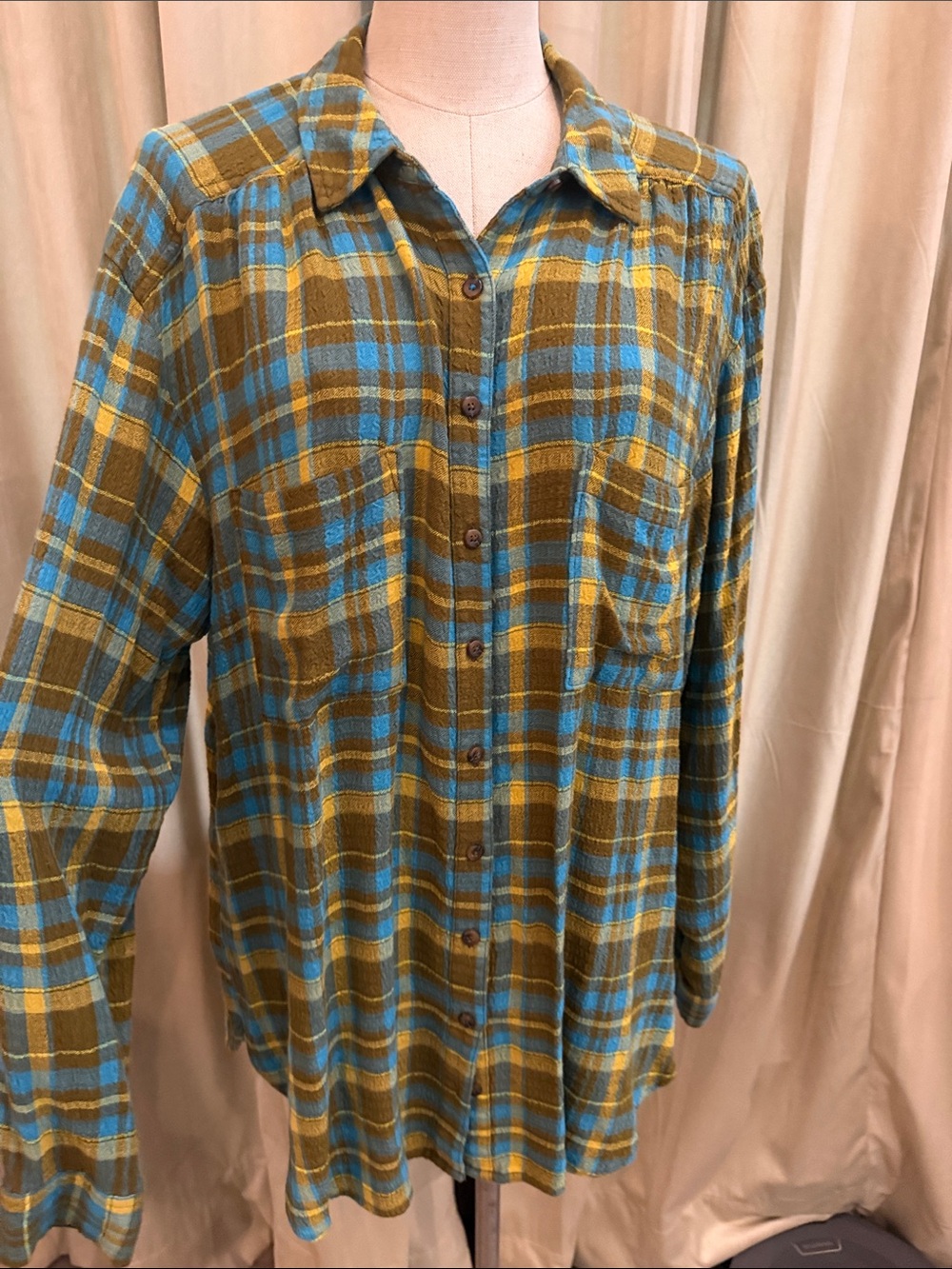Pilcro Anthropologie XL olive blue yellow plaid shirt oversized soft comfy